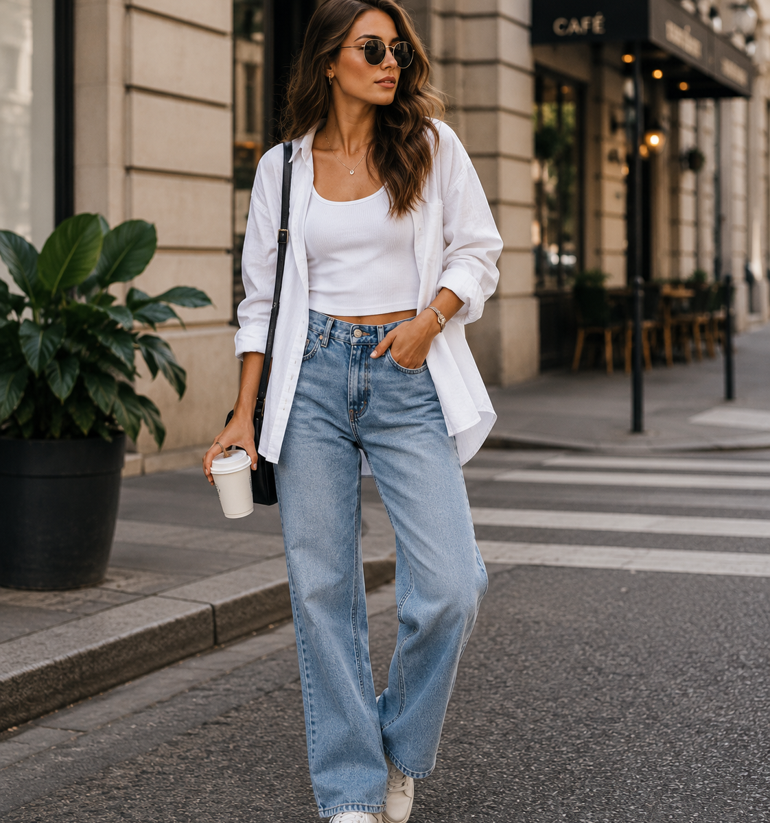 Woman wearing a casual everyday outfit with denim, a white top, and sunglasses in an urban setting.