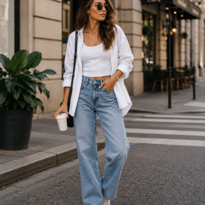Woman wearing a casual everyday outfit with denim, a white top, and sunglasses in an urban setting.