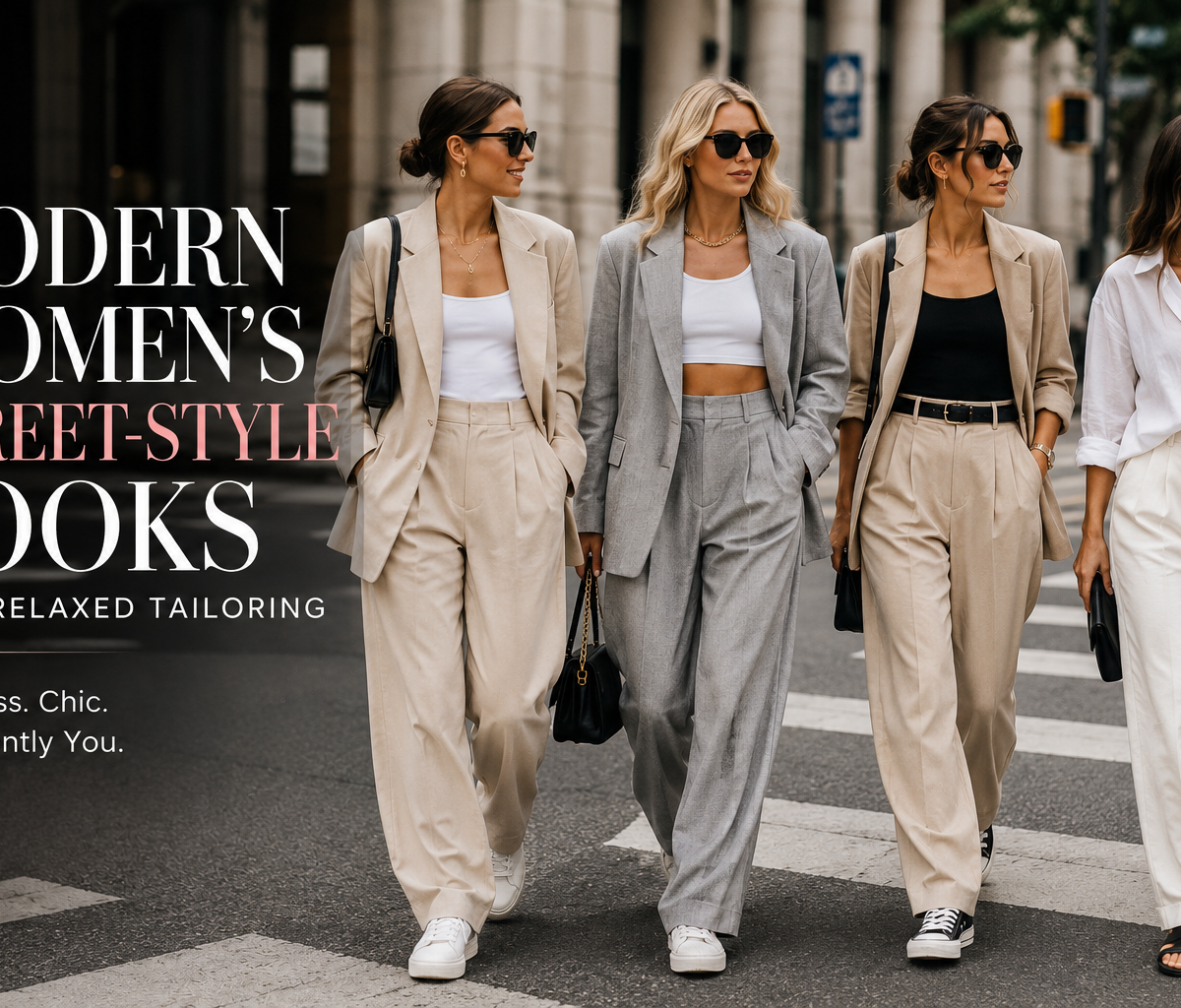 Women wearing modern relaxed-tailoring fashion looks`