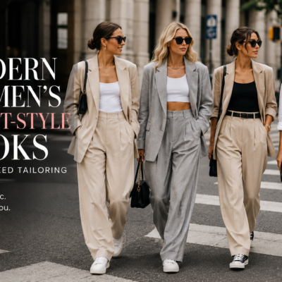 Women wearing modern relaxed-tailoring fashion looks`