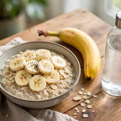Healthy pre-workout meal with banana, oatmeal and water bottle on a wooden table