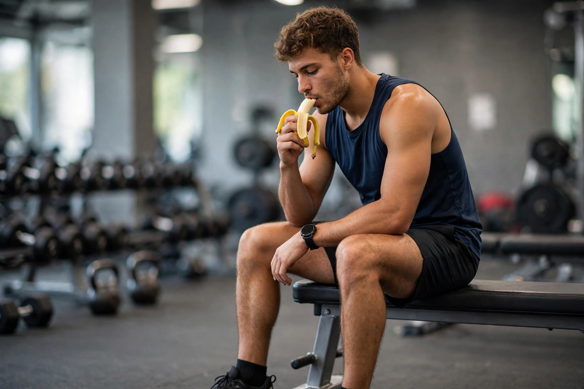 Athlete eating a banana on a gym bench before training