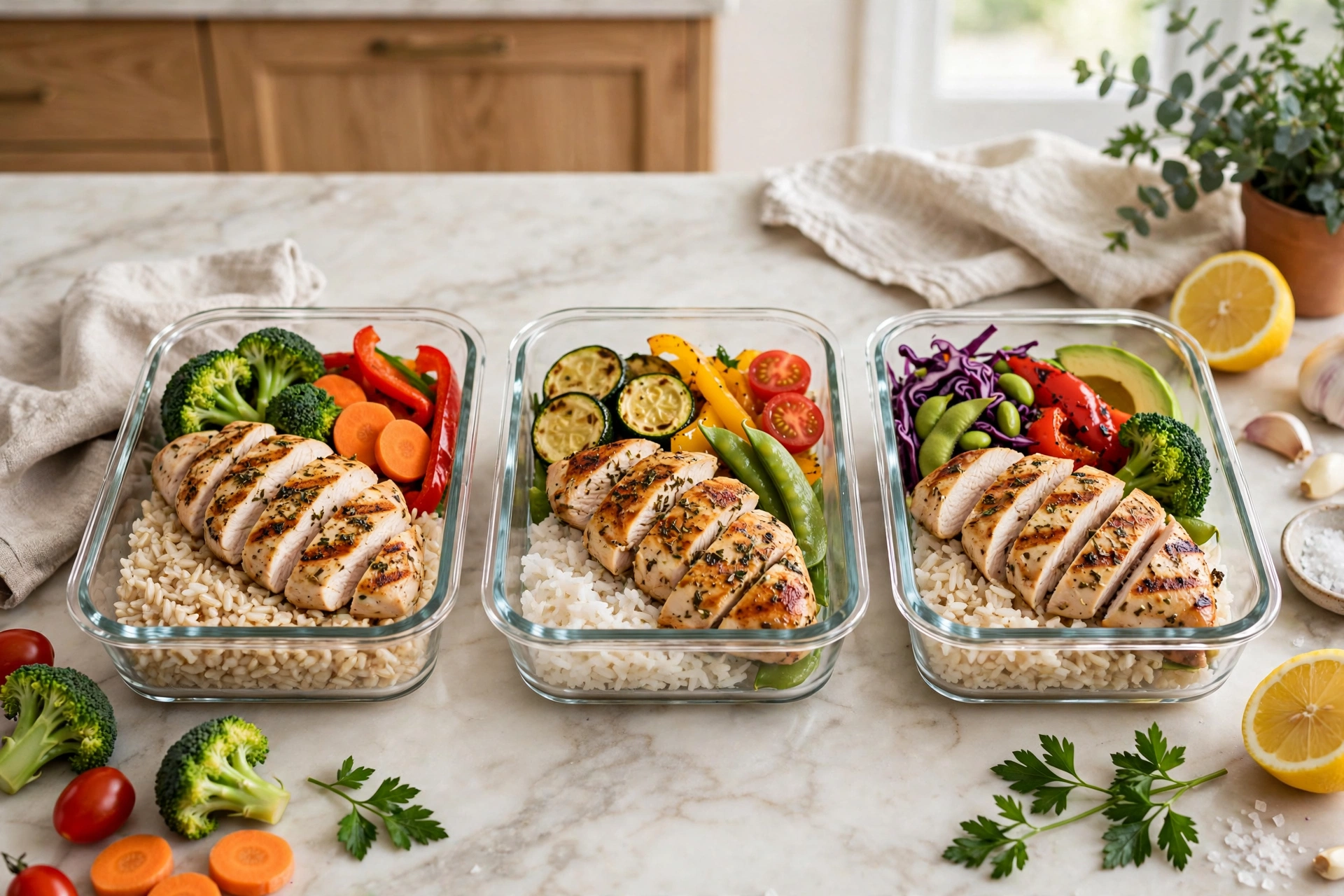 Meal prep containers with chicken, rice and vegetables for balanced workout nutrition