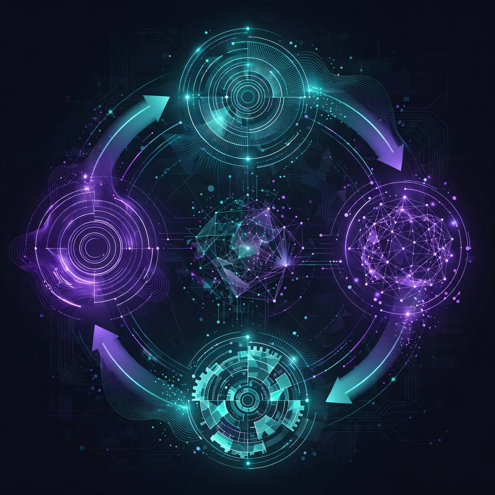 Stylized circular illustration of the AI agent ReAct loop: perceive, reason, act, and observe