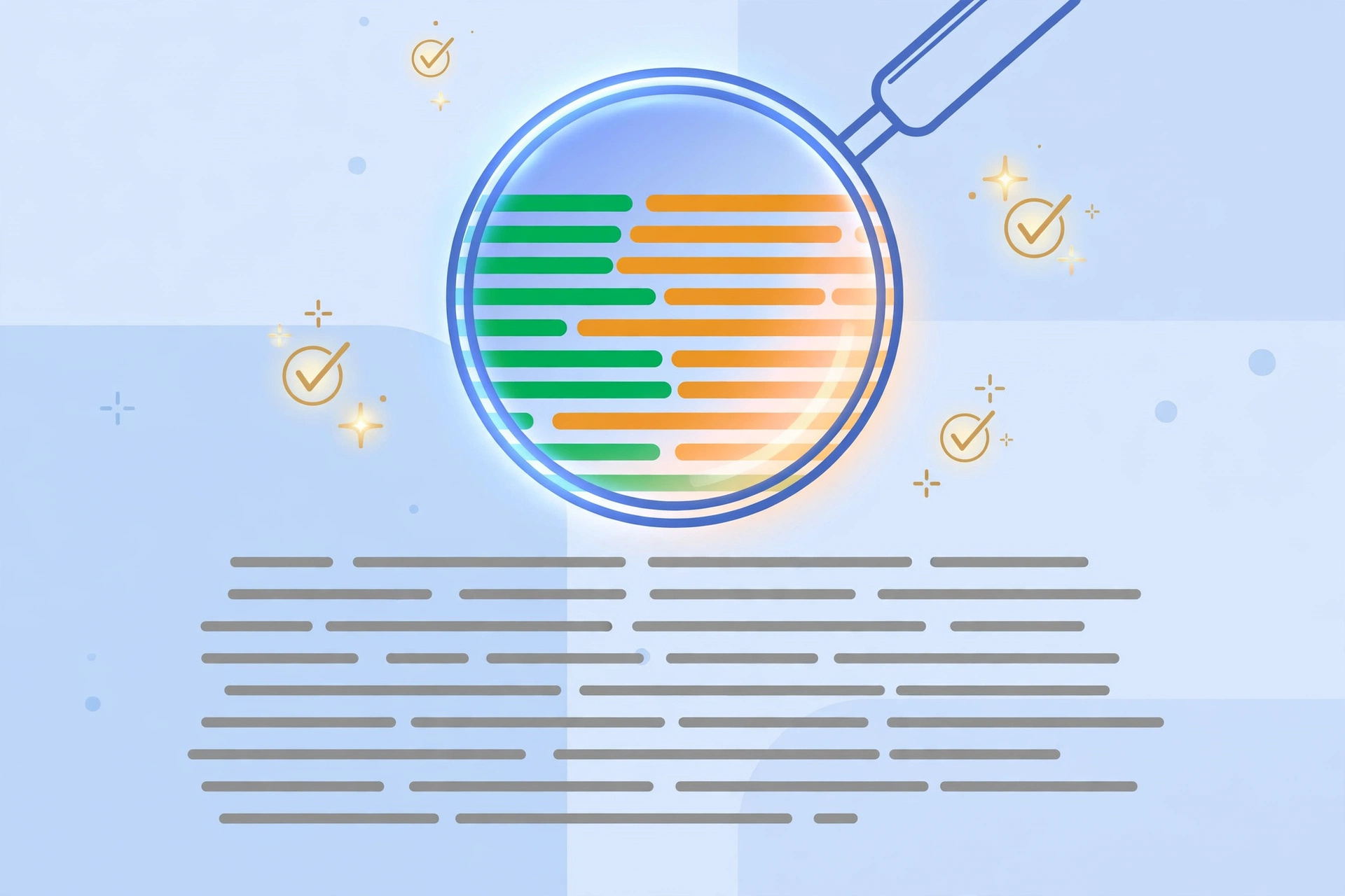 AI grammar editing illustration: magnifying glass checking writing quality, best AI writing tools
