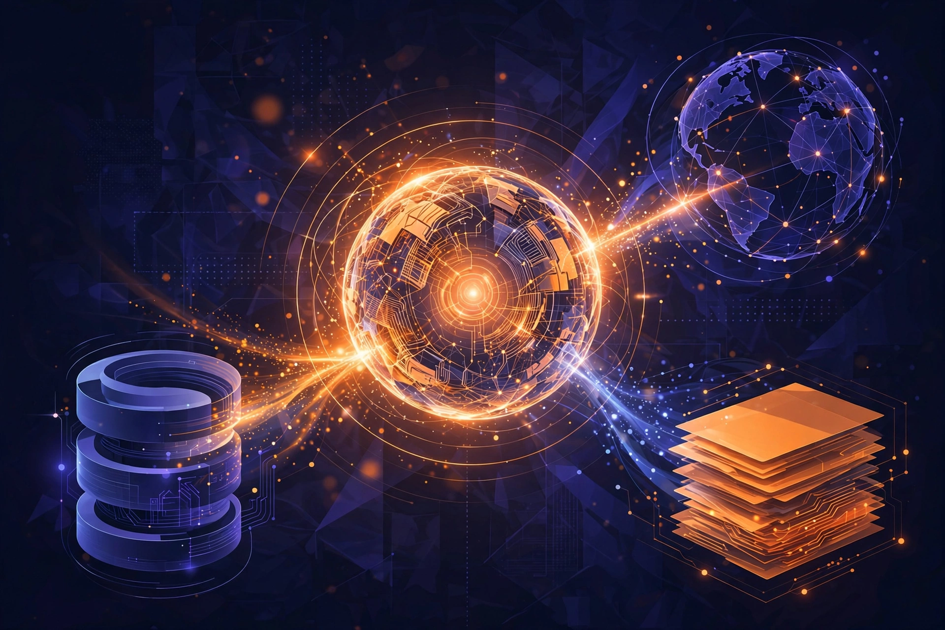 Abstract illustration of an AI model integrating with tools like databases and files via MCP servers