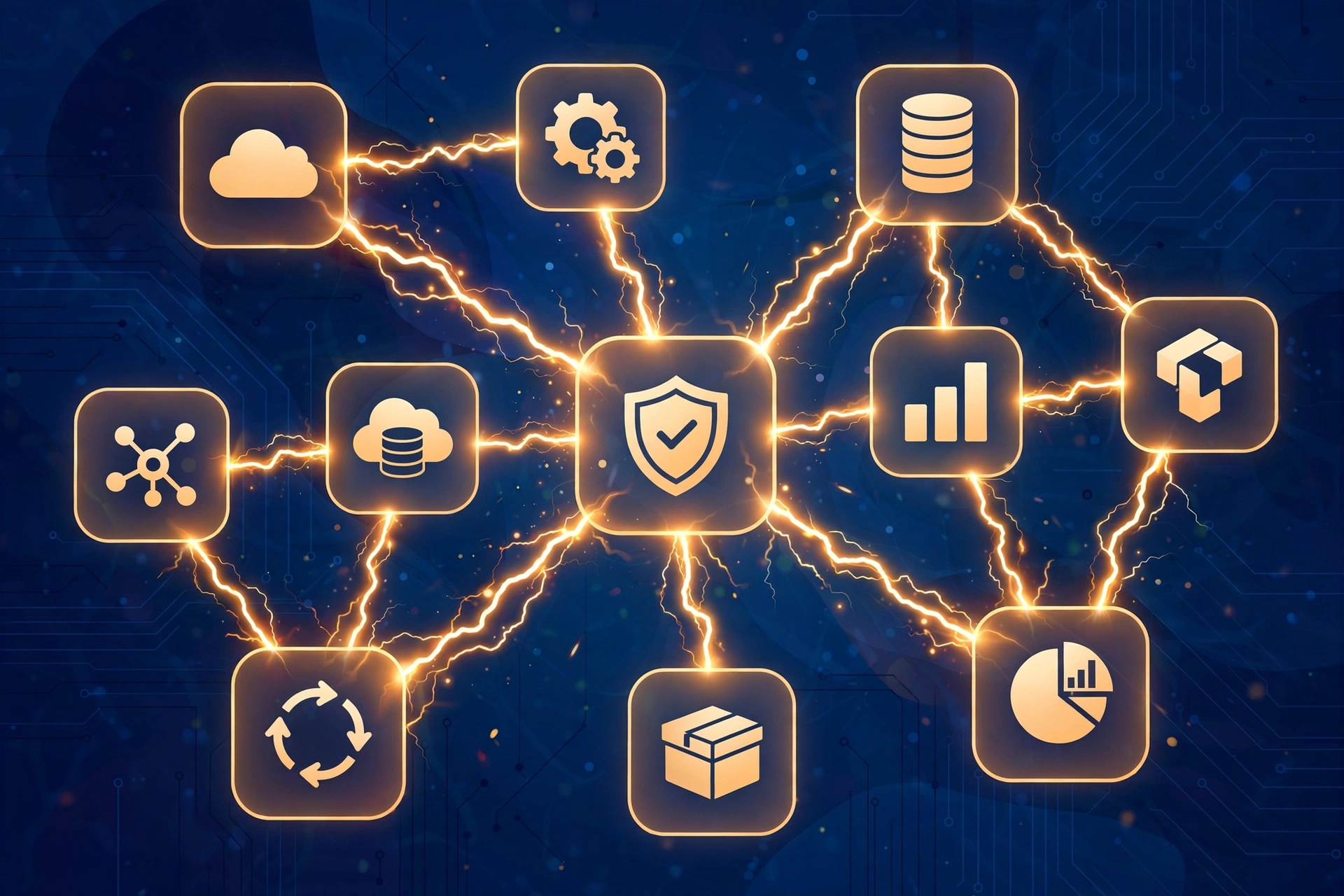 Abstract illustration of app integration tiles linked by electric zap connectors for task automation
