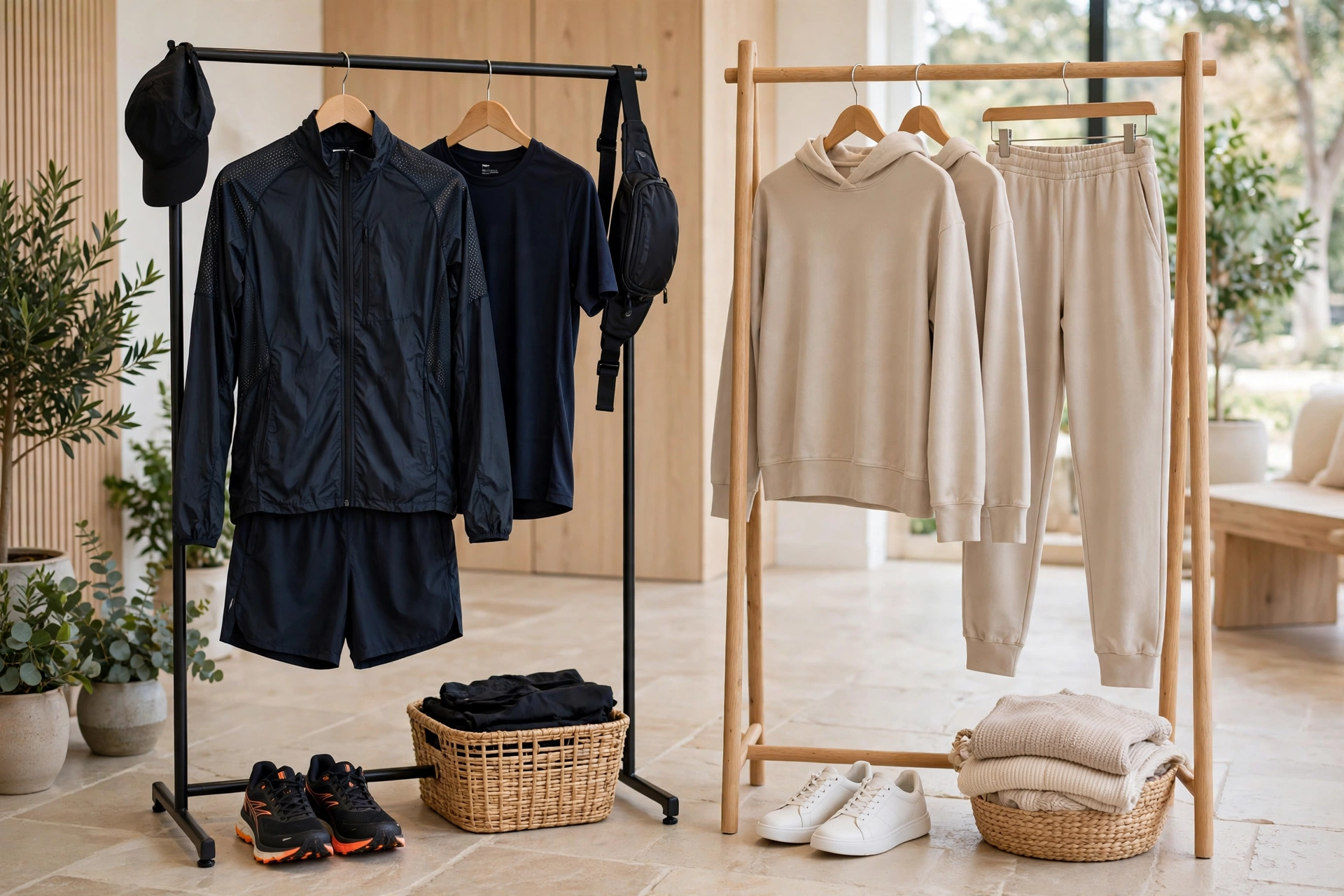 Comparison of an athletic gym outfit and a polished athleisure outfit displayed on clothing racks
