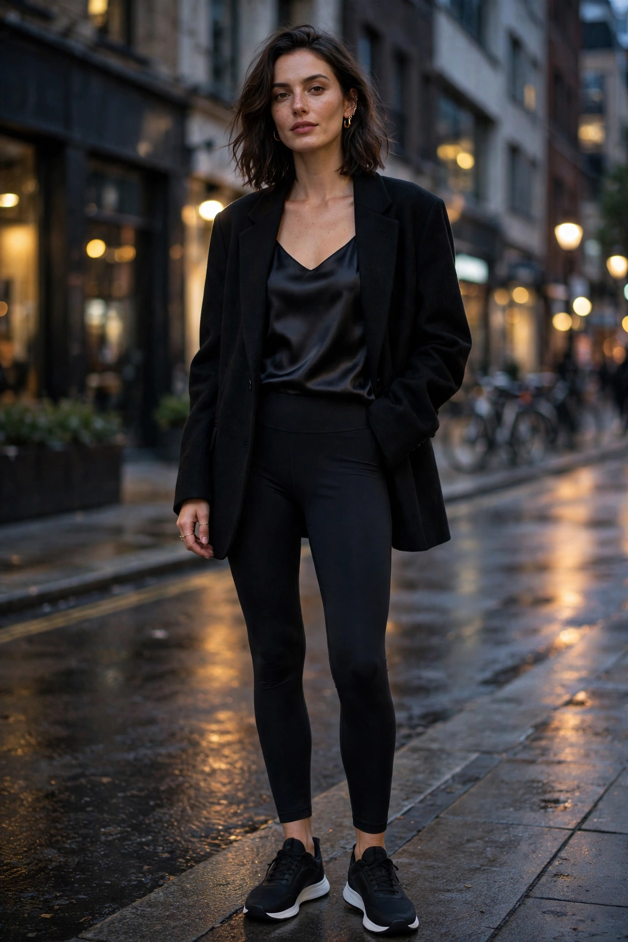 Woman wearing an elevated athleisure evening look with black leggings, oversized blazer, and sleek sneakers