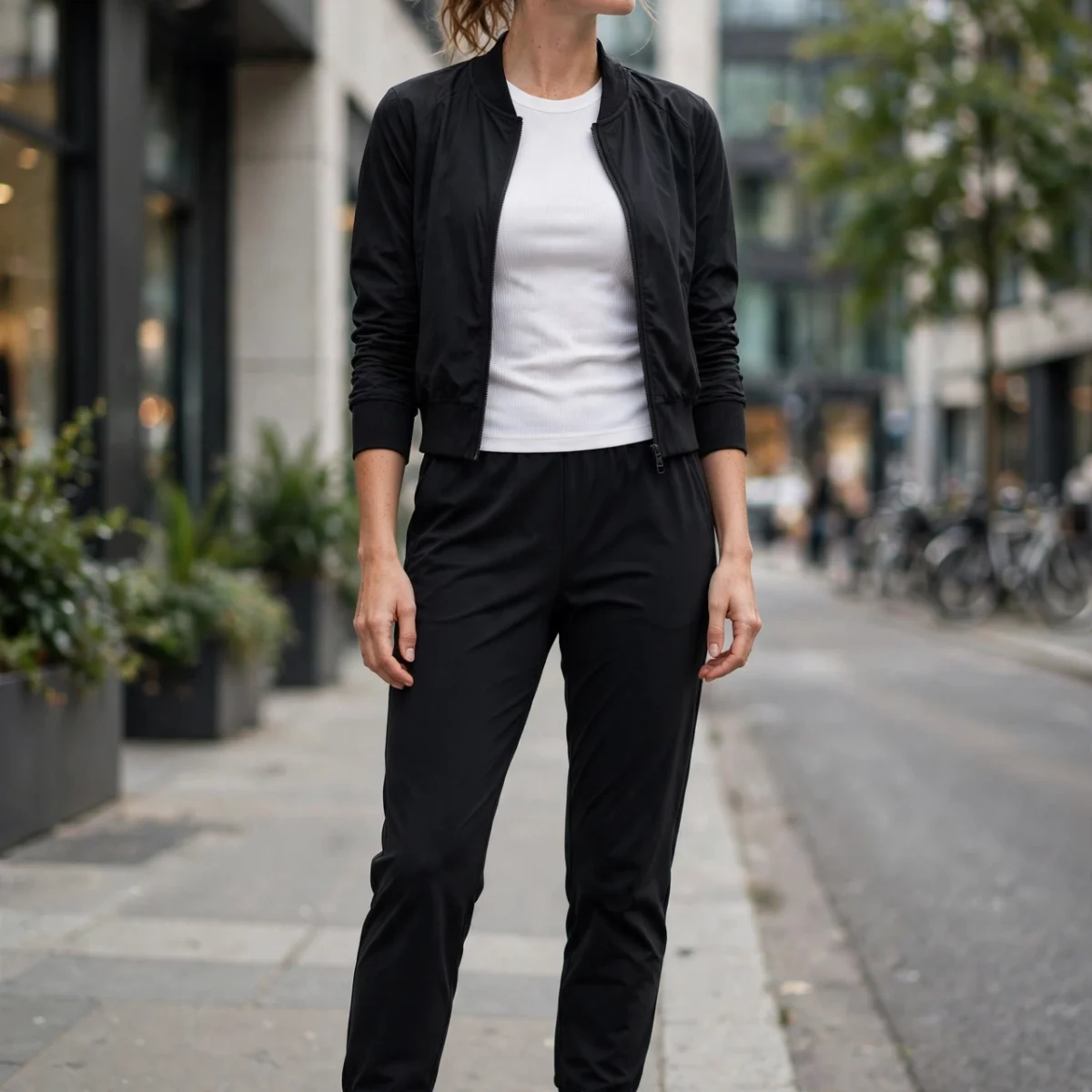 Woman in athleisure outfit with black joggers, white fitted top, cropped zip jacket, and white sneakers