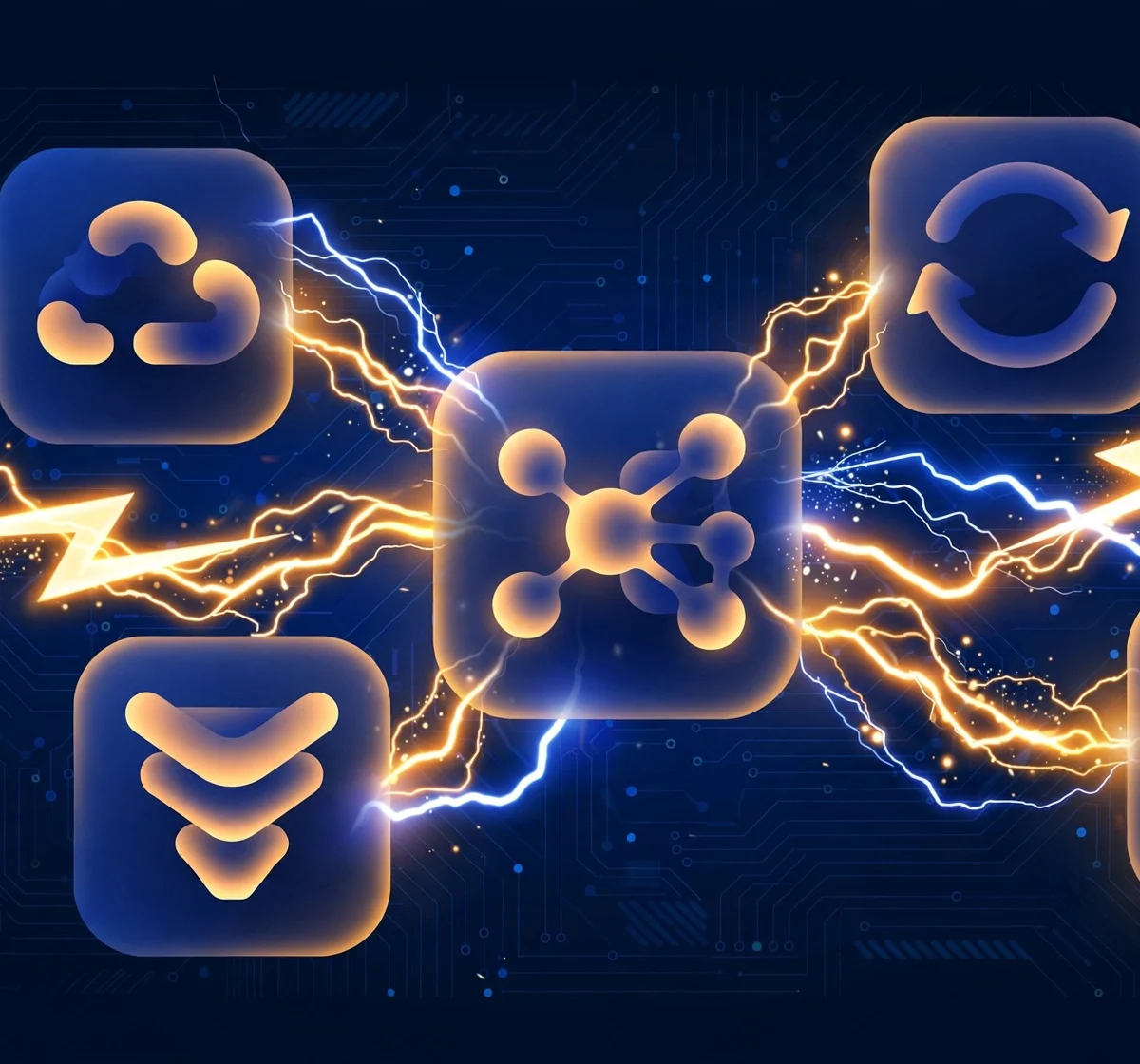 Abstract illustration of automated app workflows connected by glowing Zapier-style lightning energy streams