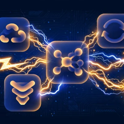 Abstract illustration of automated app workflows connected by glowing Zapier-style lightning energy streams