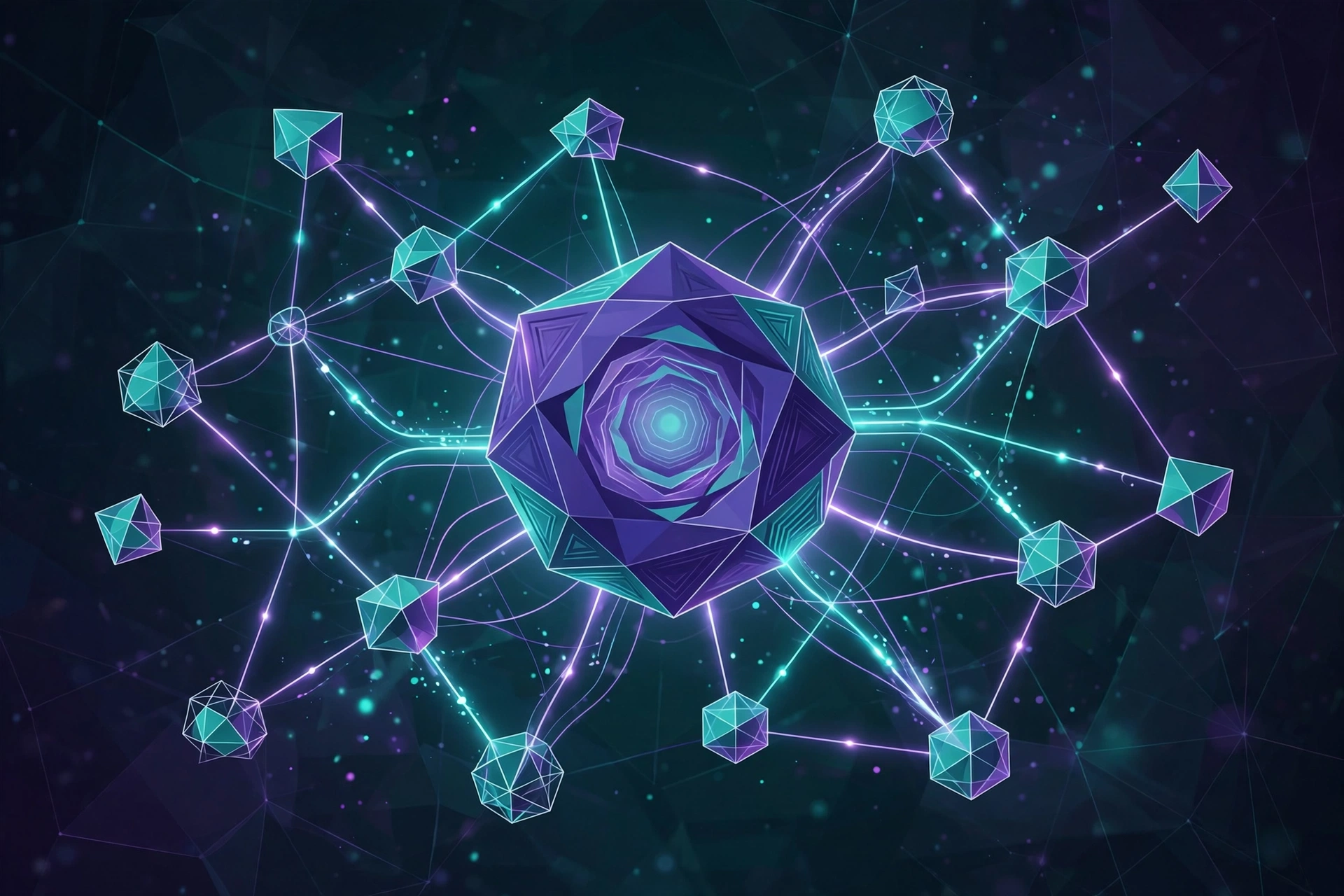 Abstract illustration of multiple autonomous AI agents collaborating in a connected workflow network