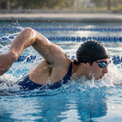 Swimmer doing freestyle stroke in a clear blue pool lane