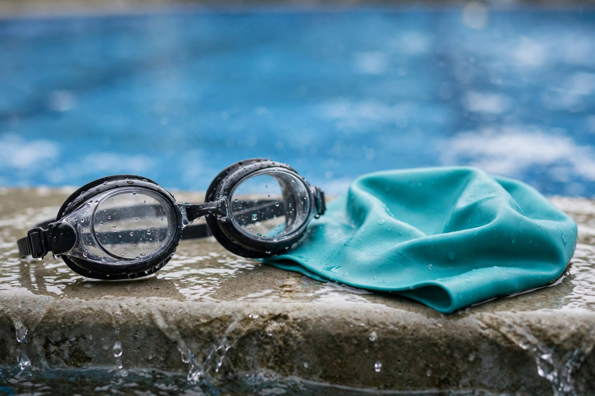 Swimming goggles and swim cap on the edge of a swimming pool