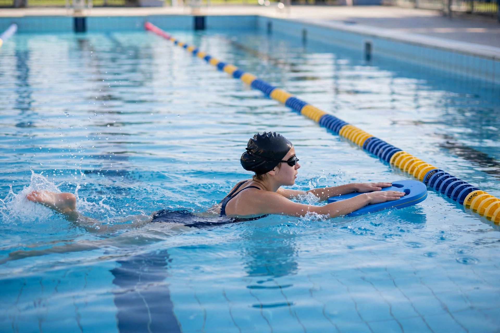 Beginner swimmer practicing with a kickboard in a pool lane