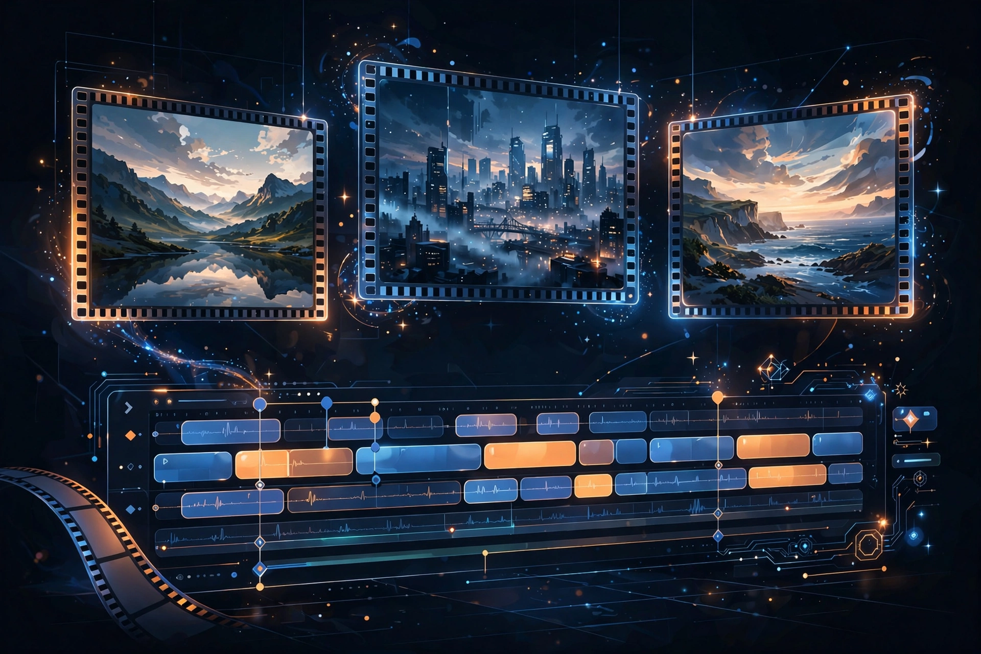 AI video generator comparison: floating video panels, film strip motifs and editing timeline concept