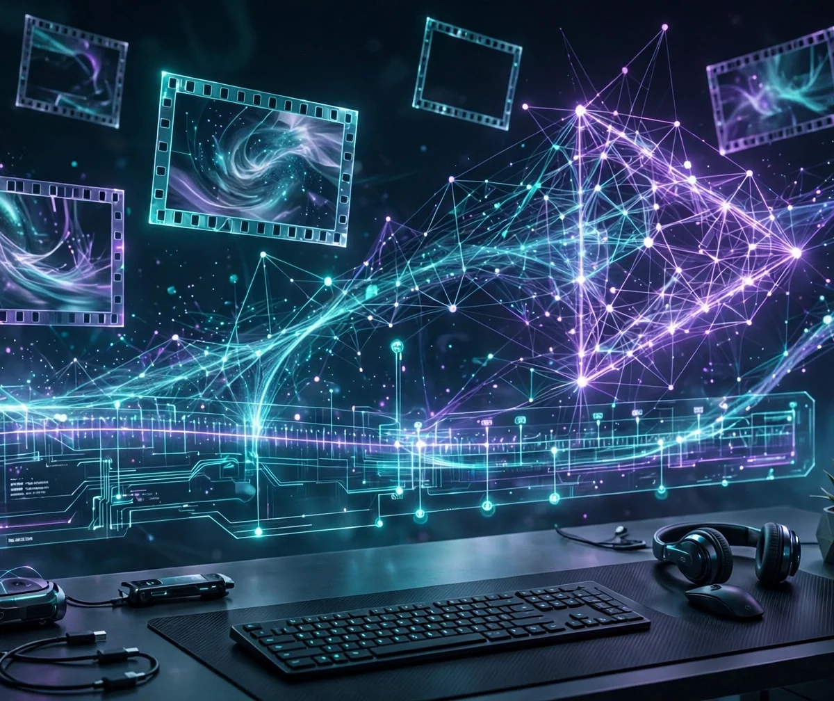 Best AI video generator 2026: cinematic illustration of AI video creation tools with film frames and neural light