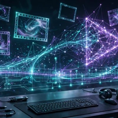 Best AI video generator 2026: cinematic illustration of AI video creation tools with film frames and neural light