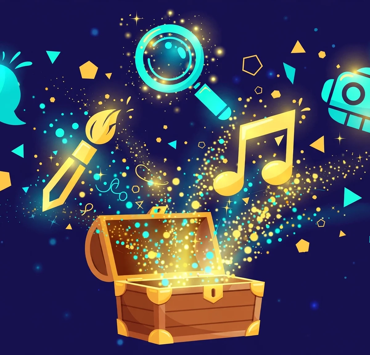 Best free AI tools 2026: glowing app icons floating from a treasure chest in golden light