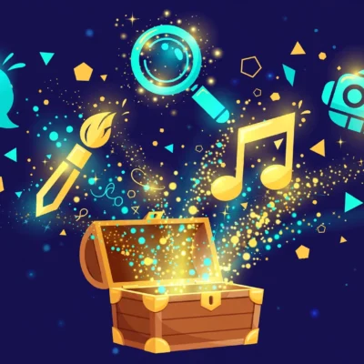 Best free AI tools 2026: glowing app icons floating from a treasure chest in golden light