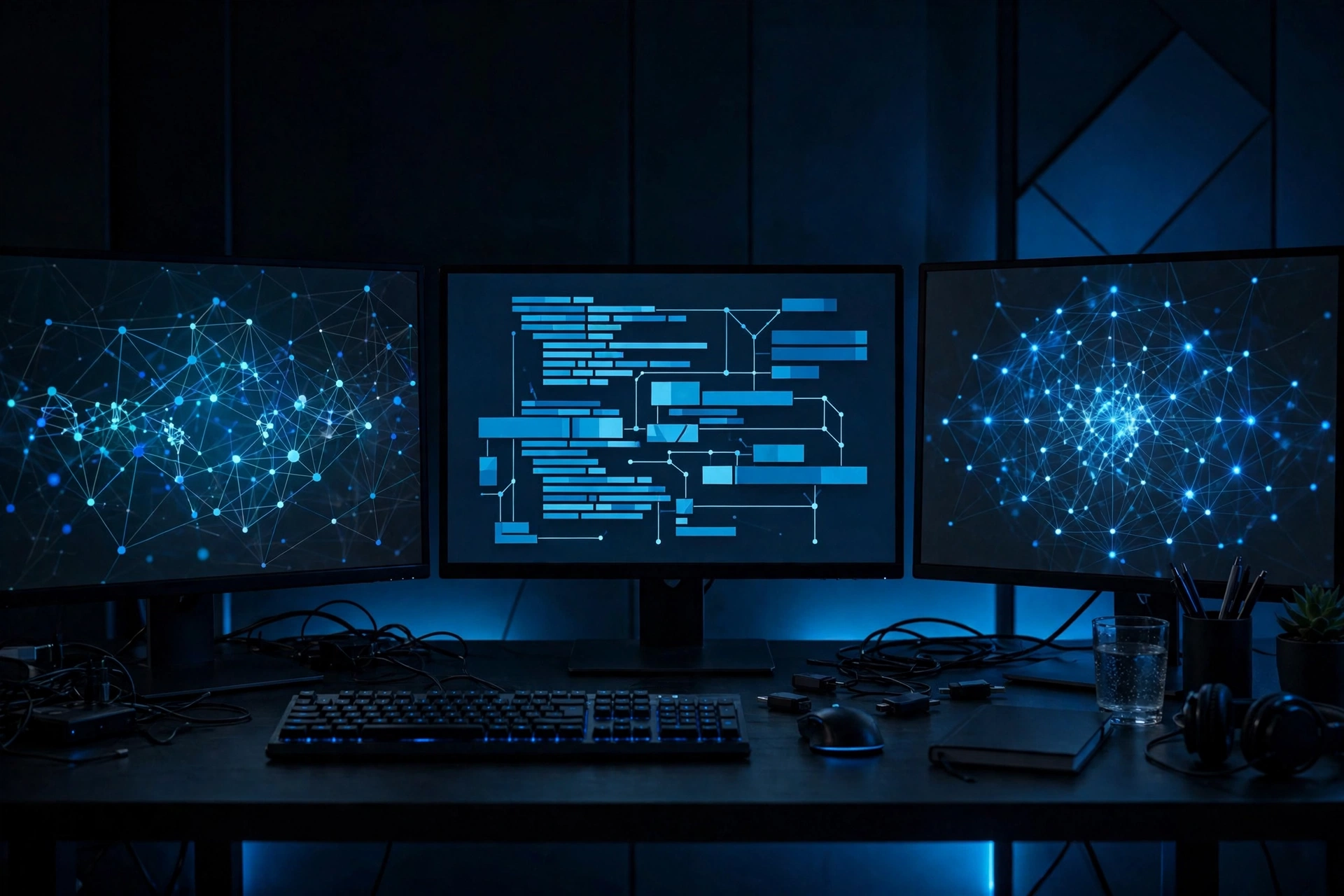 Cybersecurity workspace with a laptop running terminal tools for pentesting