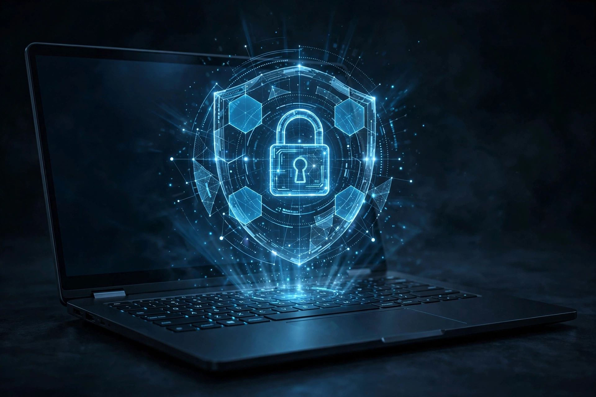 Laptop with a digital shield and lock symbol representing ethical hacking security
