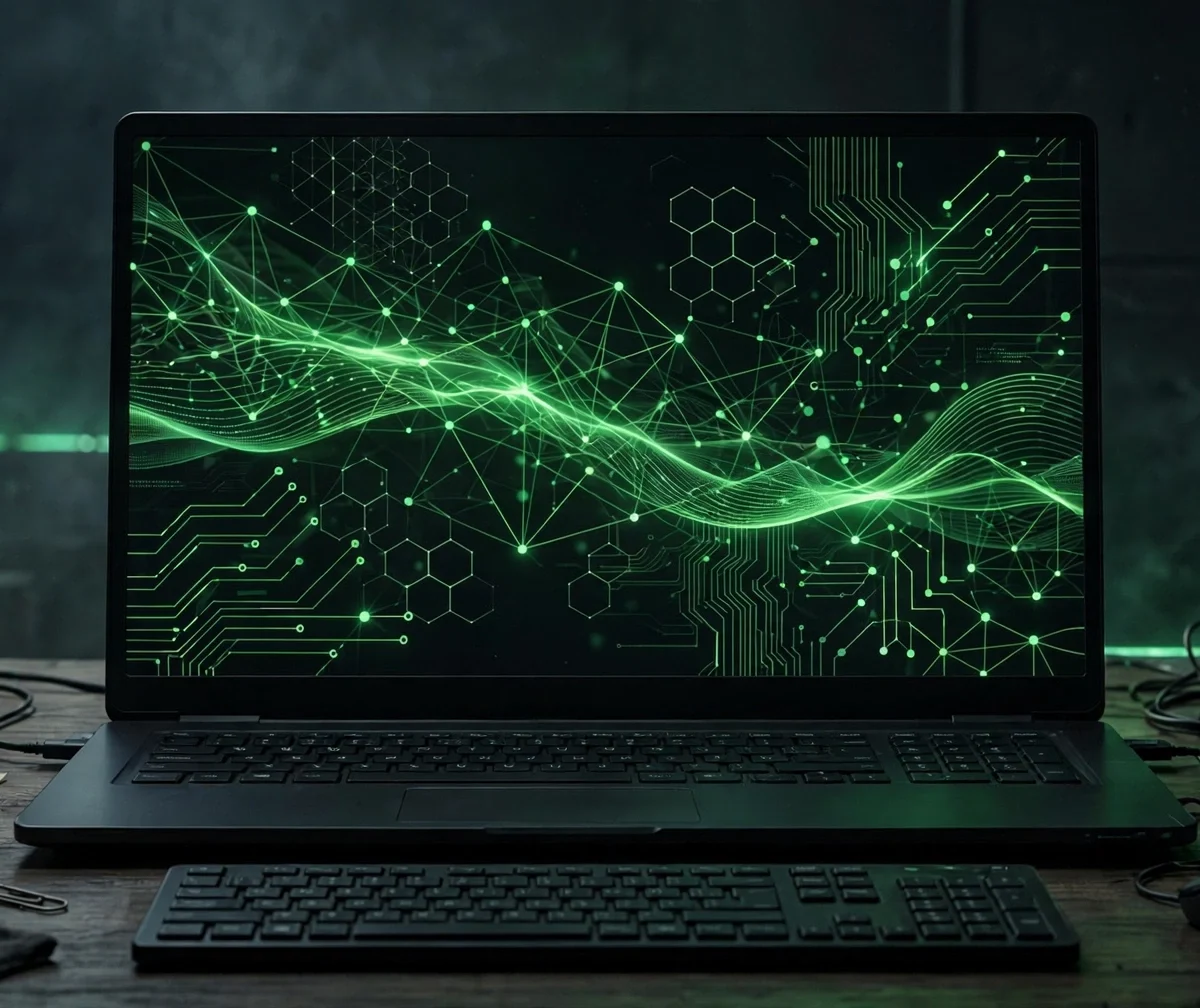 Laptop on a desk displaying an abstract dark terminal interface with glowing green code lines