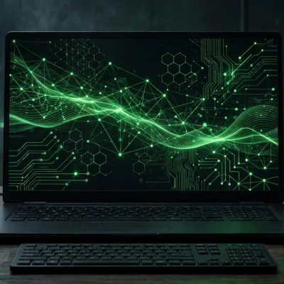 Laptop on a desk displaying an abstract dark terminal interface with glowing green code lines