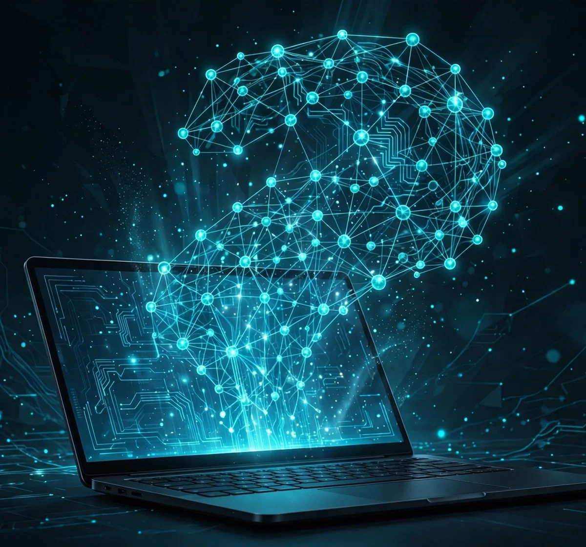 Illustration of a laptop running a local AI model with a glowing neural network, private offline AI concept