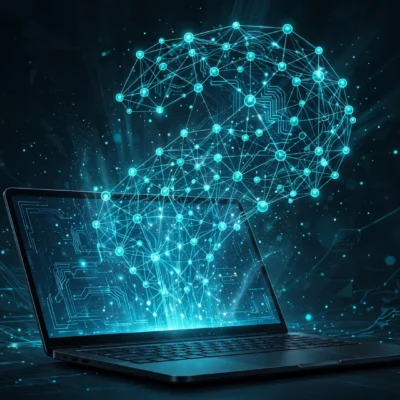 Illustration of a laptop running a local AI model with a glowing neural network, private offline AI concept