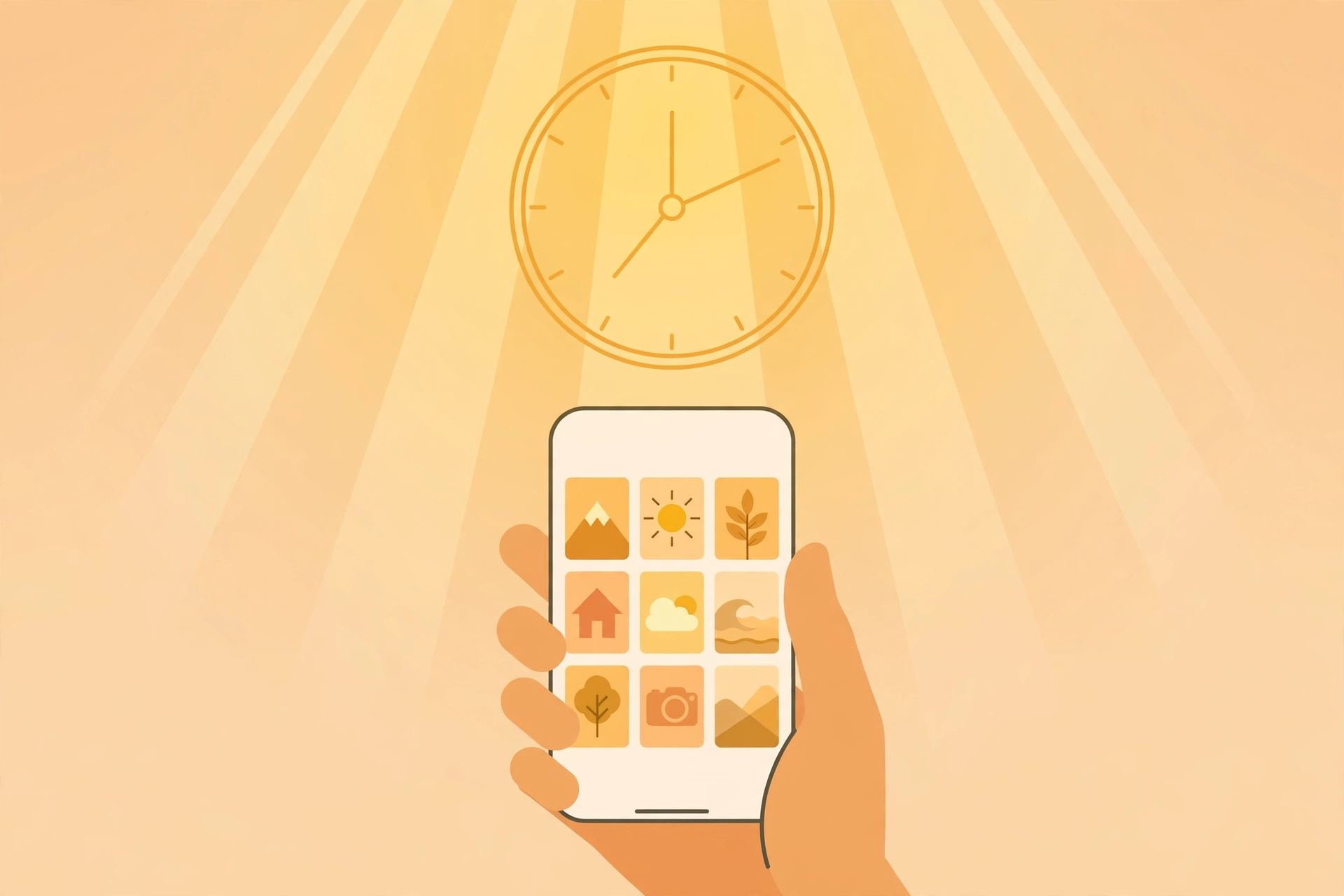 Hand holding a smartphone with a photo grid under a large clock and morning light, showing ideal Instagram posting times