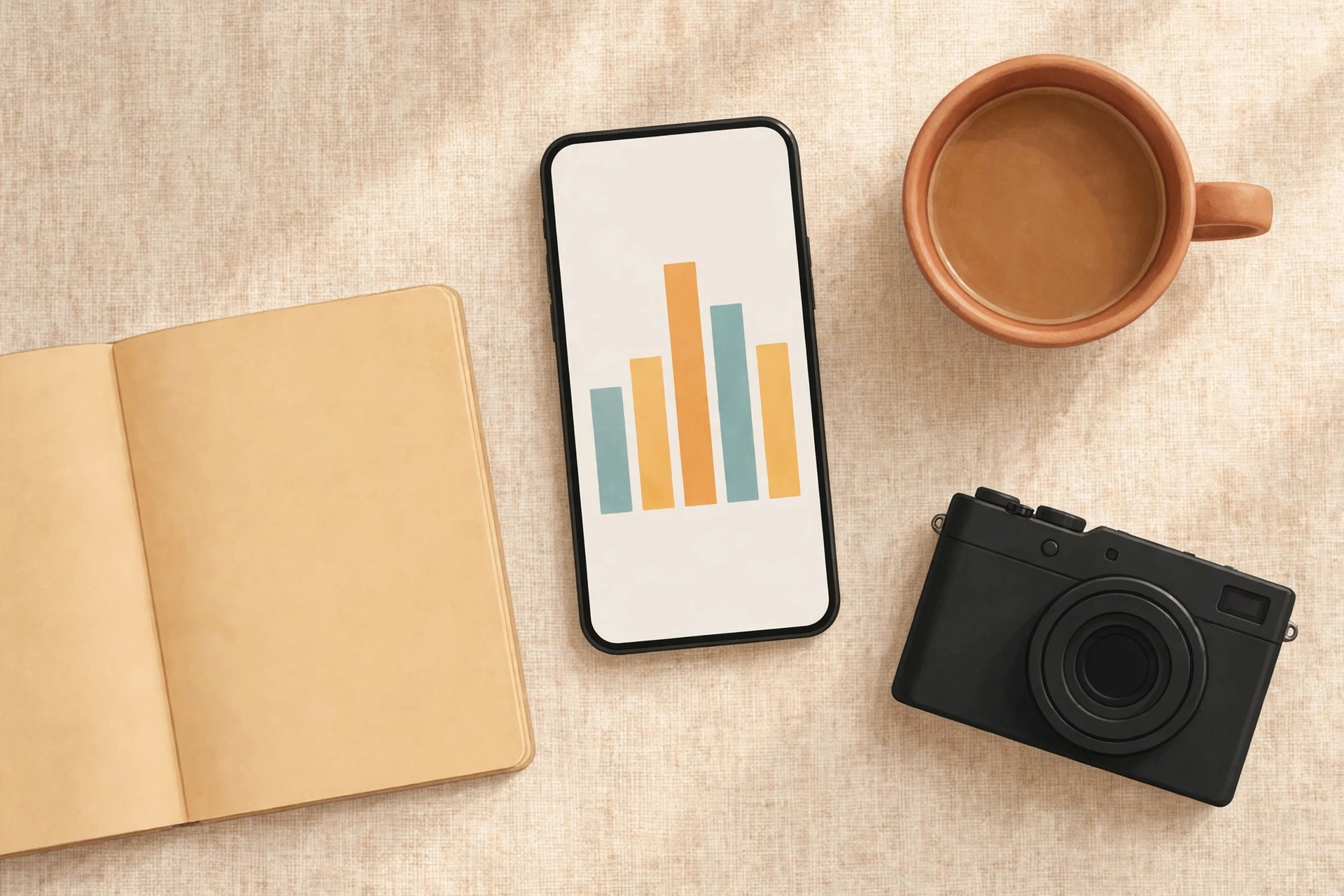 Desk flat lay with a smartphone showing an activity bar chart, notebook, coffee, and camera for planning Instagram posting times