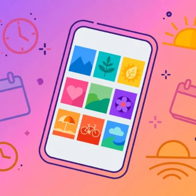Illustration of a smartphone showing an Instagram photo grid surrounded by clocks, calendars, and sun icons representing the best time to post on Instagram