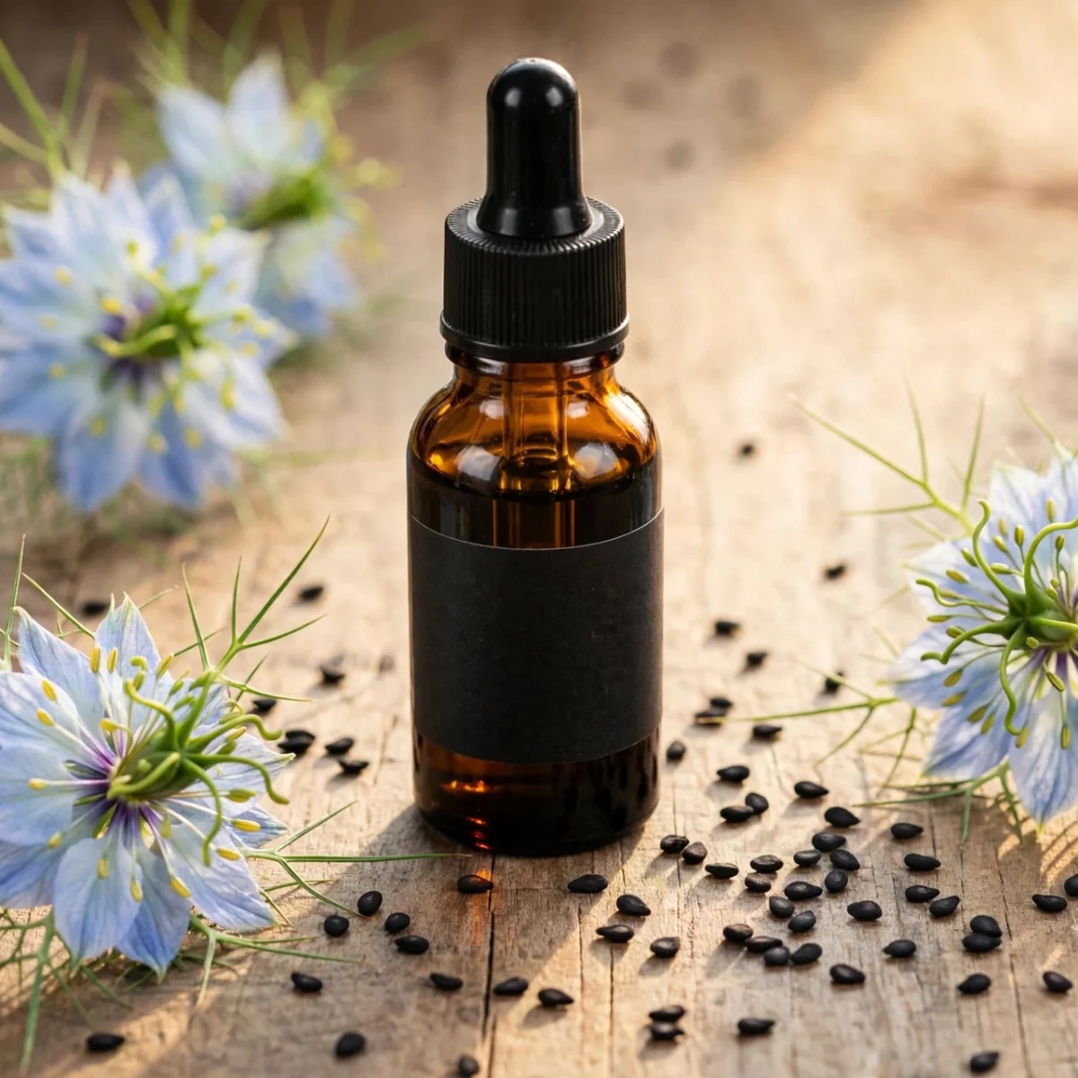 Black seed oil bottle with nigella sativa seeds and flowers