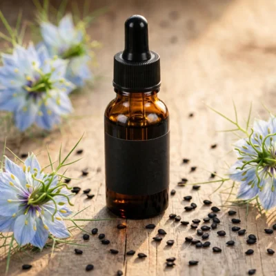 Black seed oil bottle with nigella sativa seeds and flowers