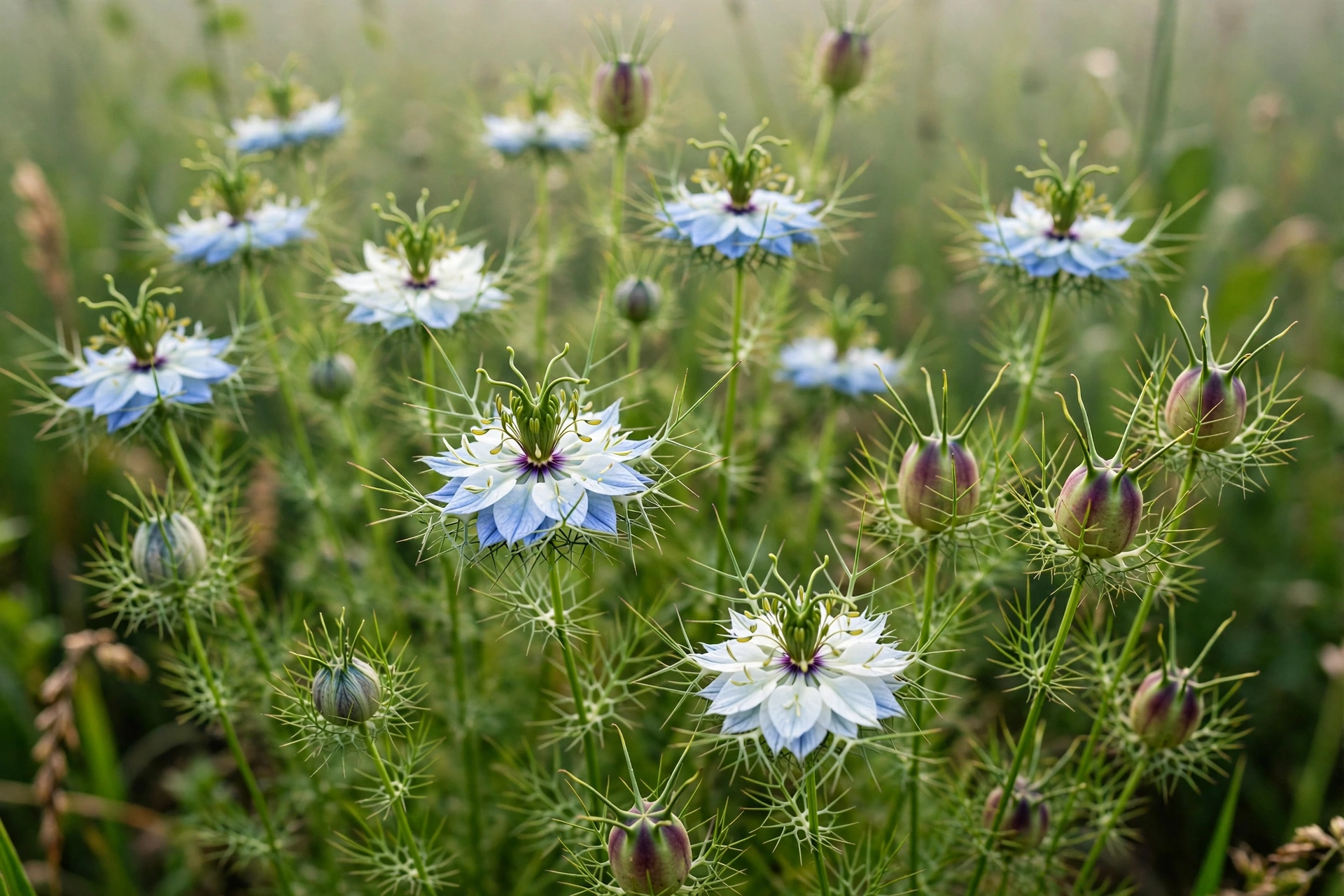 Nigella sativa pale blue flowers blooming in a field