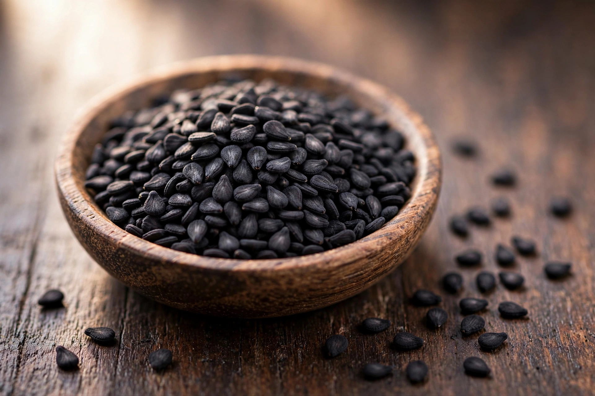 Black nigella sativa seeds in a wooden bowl