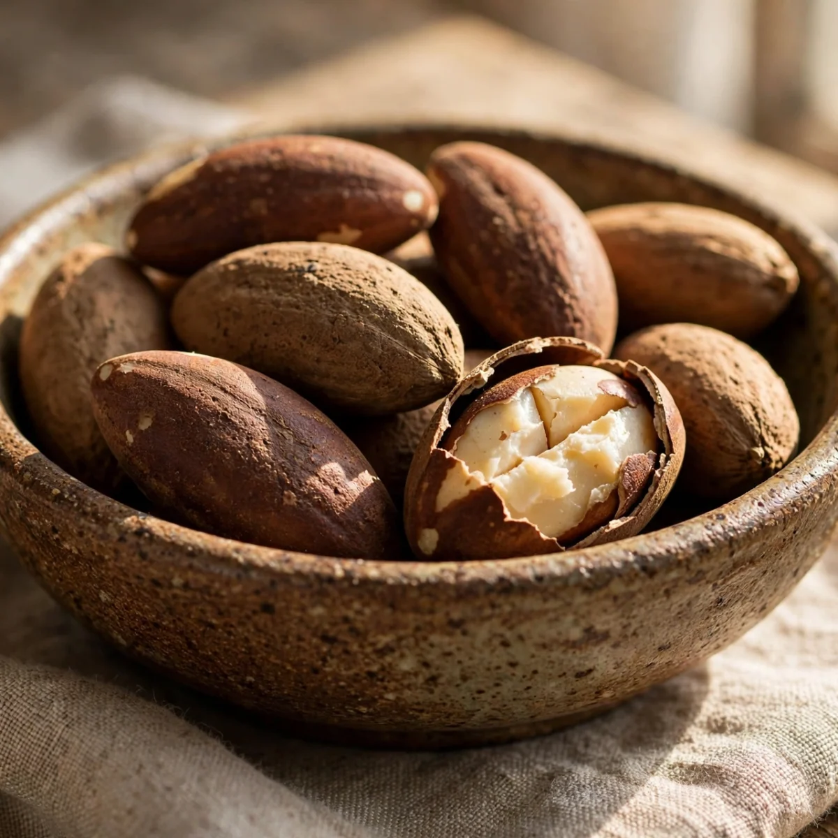 Brazil nuts benefits: whole Brazil nuts in a ceramic bowl with one nut cracked open showing the kernel