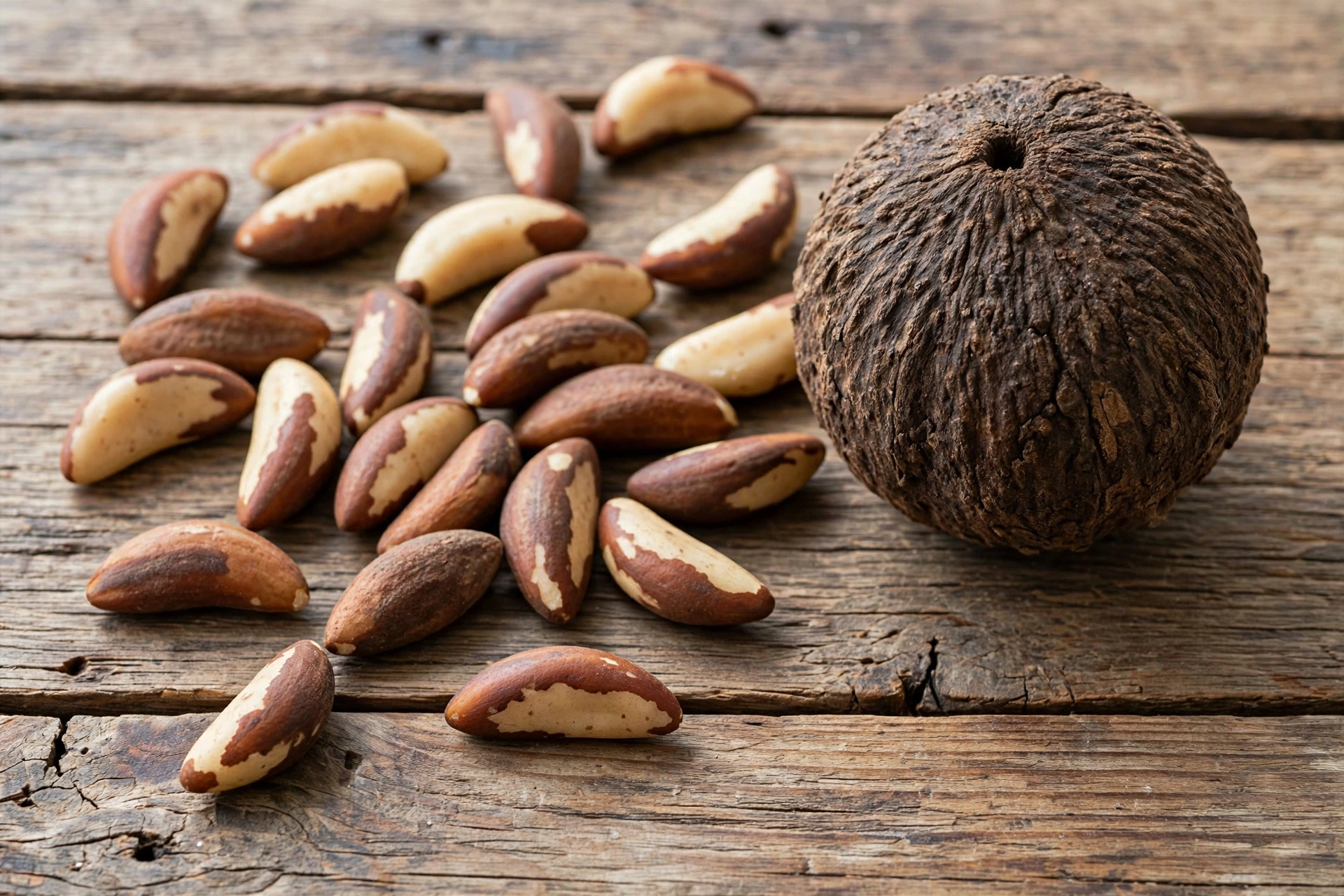 Brazil nut woody pod with scattered Brazil nuts on a wooden table