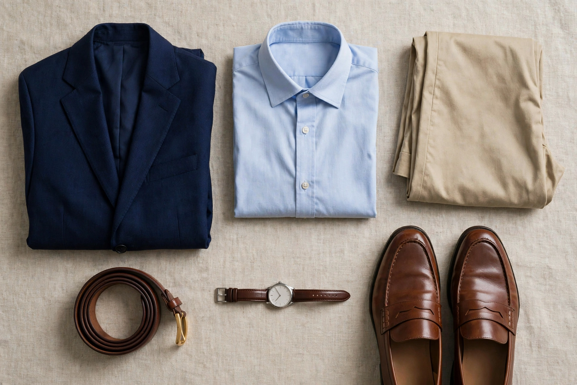 Flat lay of men's business casual wardrobe essentials including chinos, oxford shirt, blazer, leather belt, loafers, and watch