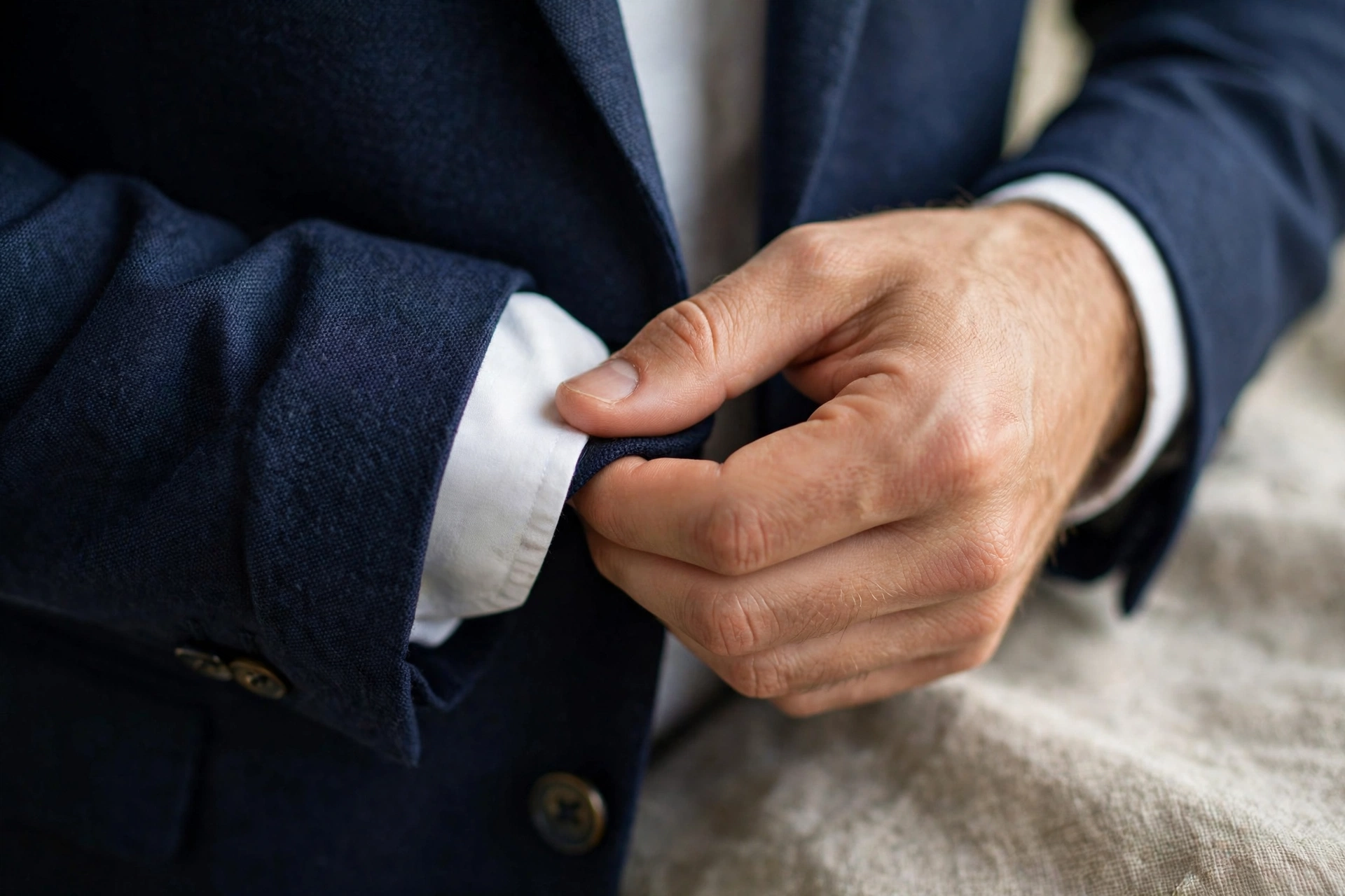 Close-up of a man adjusting the cuff of his navy blazer over a white shirt