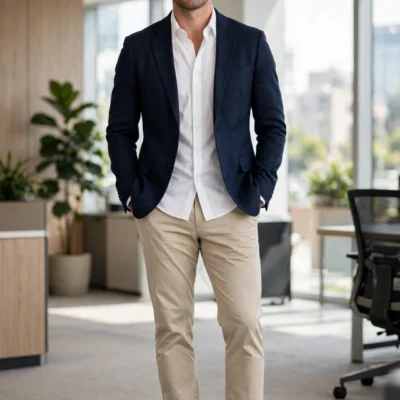Man wearing a business casual outfit with navy blazer, white oxford shirt, beige chinos, and brown loafers in a modern office
