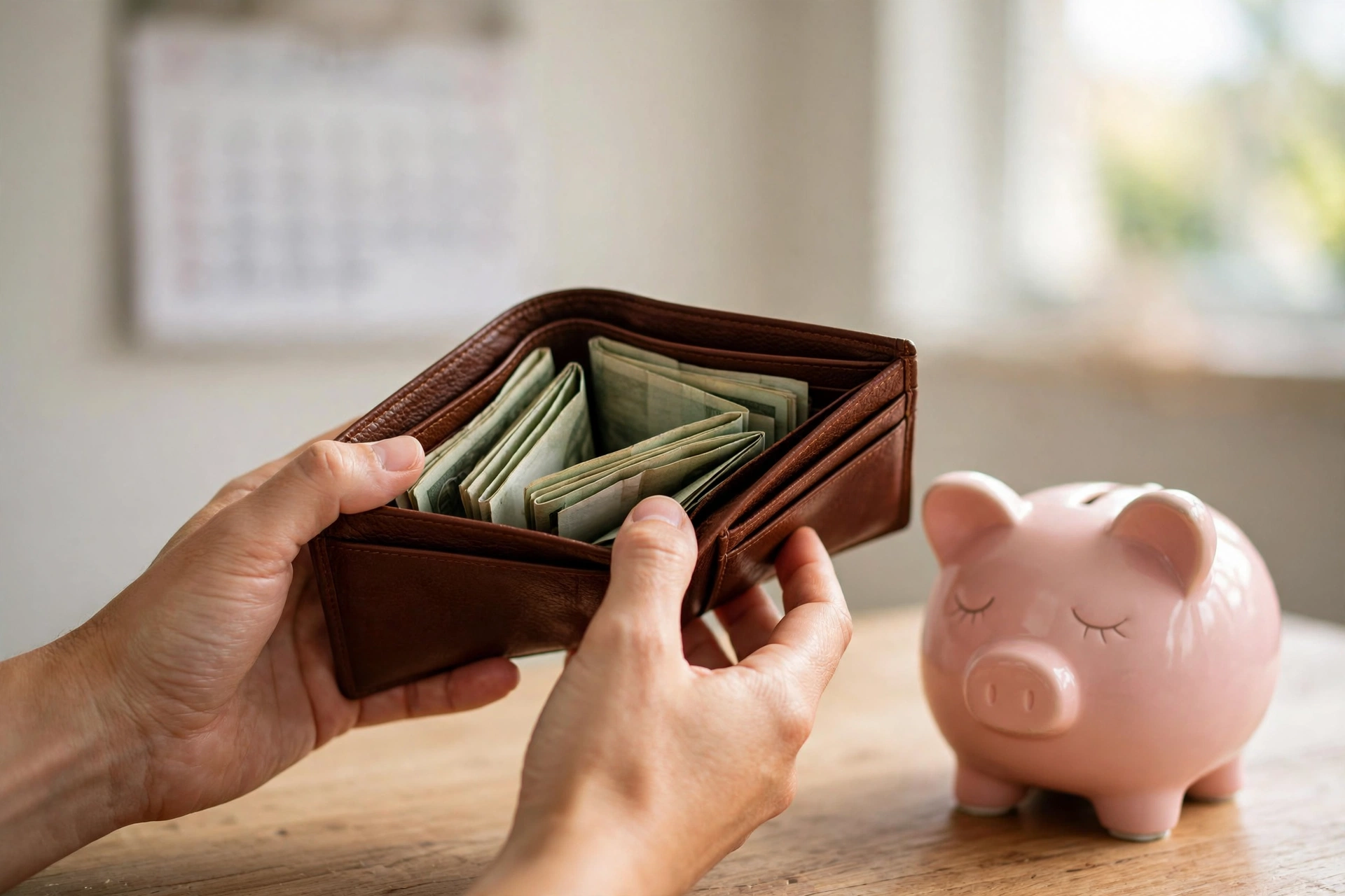 Cash flow vs profit: hands holding wallet with cash and piggy bank