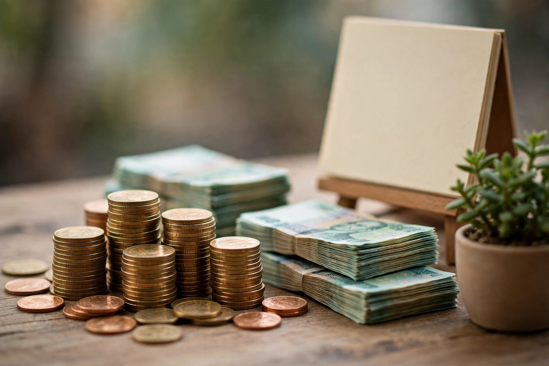 Business cash flow management with coins, banknotes and calendar