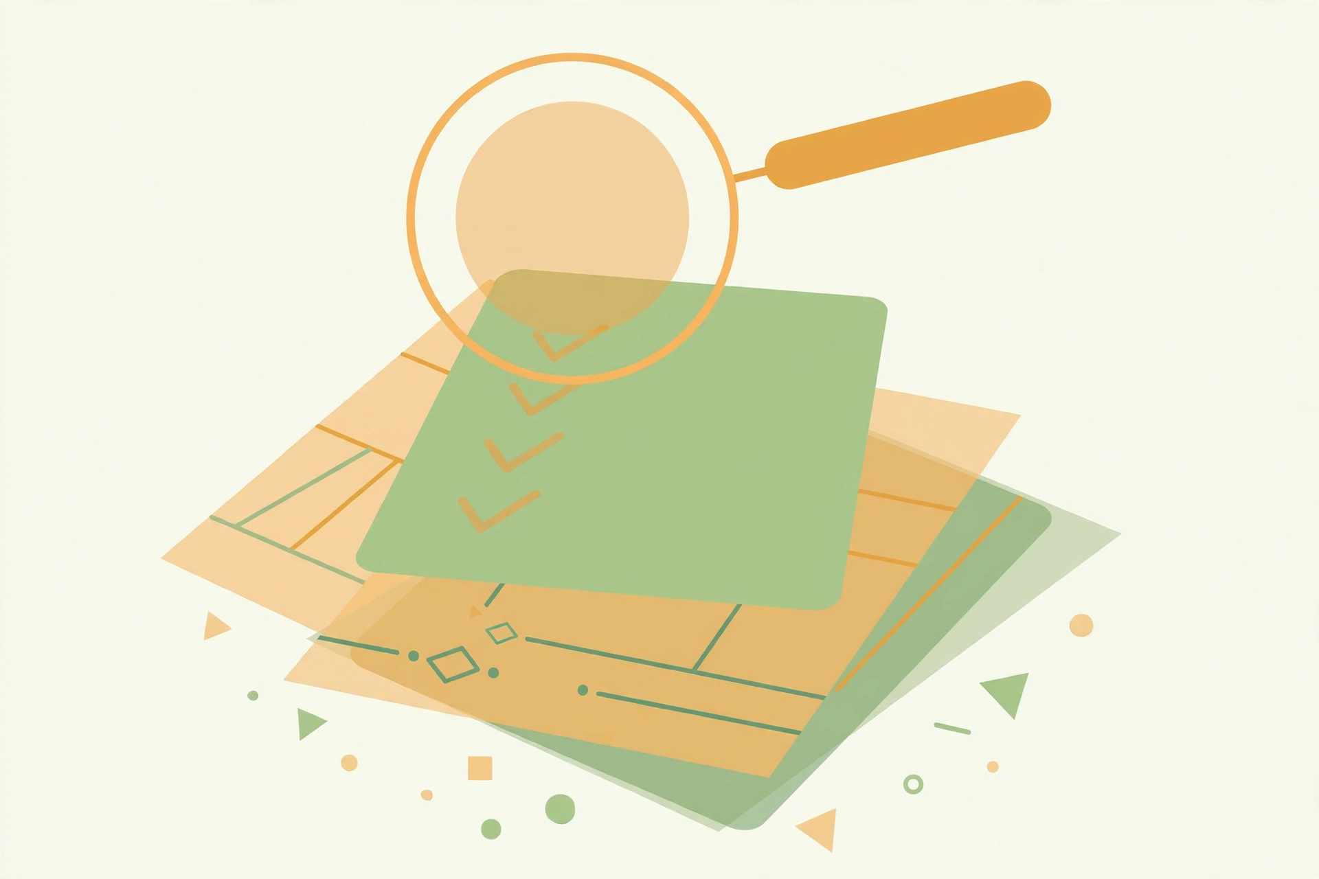Flat illustration of a magnifying glass over abstract documents with checkmarks