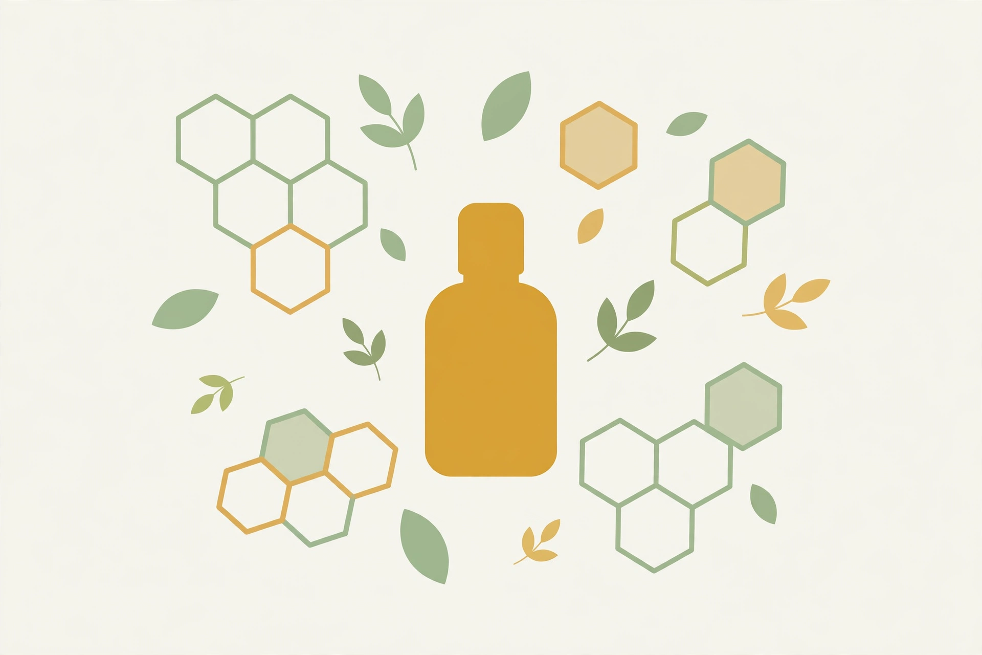 Flat illustration of an amber bottle surrounded by hexagon molecules and leaf shapes