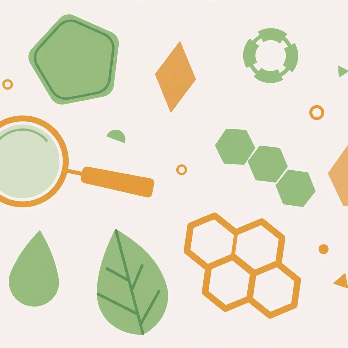 Flat illustration of a magnifying glass, leaf shapes, and molecule hexagons representing CBD vocabulary