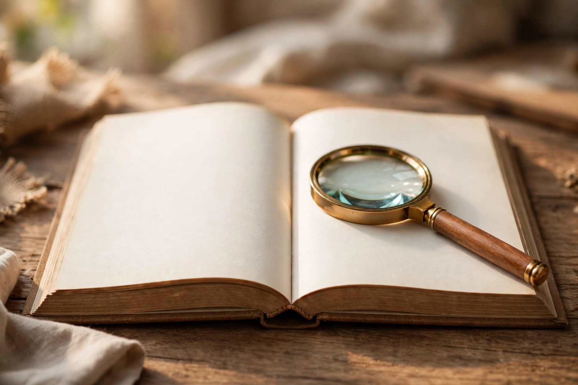 Open blank book with a magnifying glass, representing CBD terminology research
