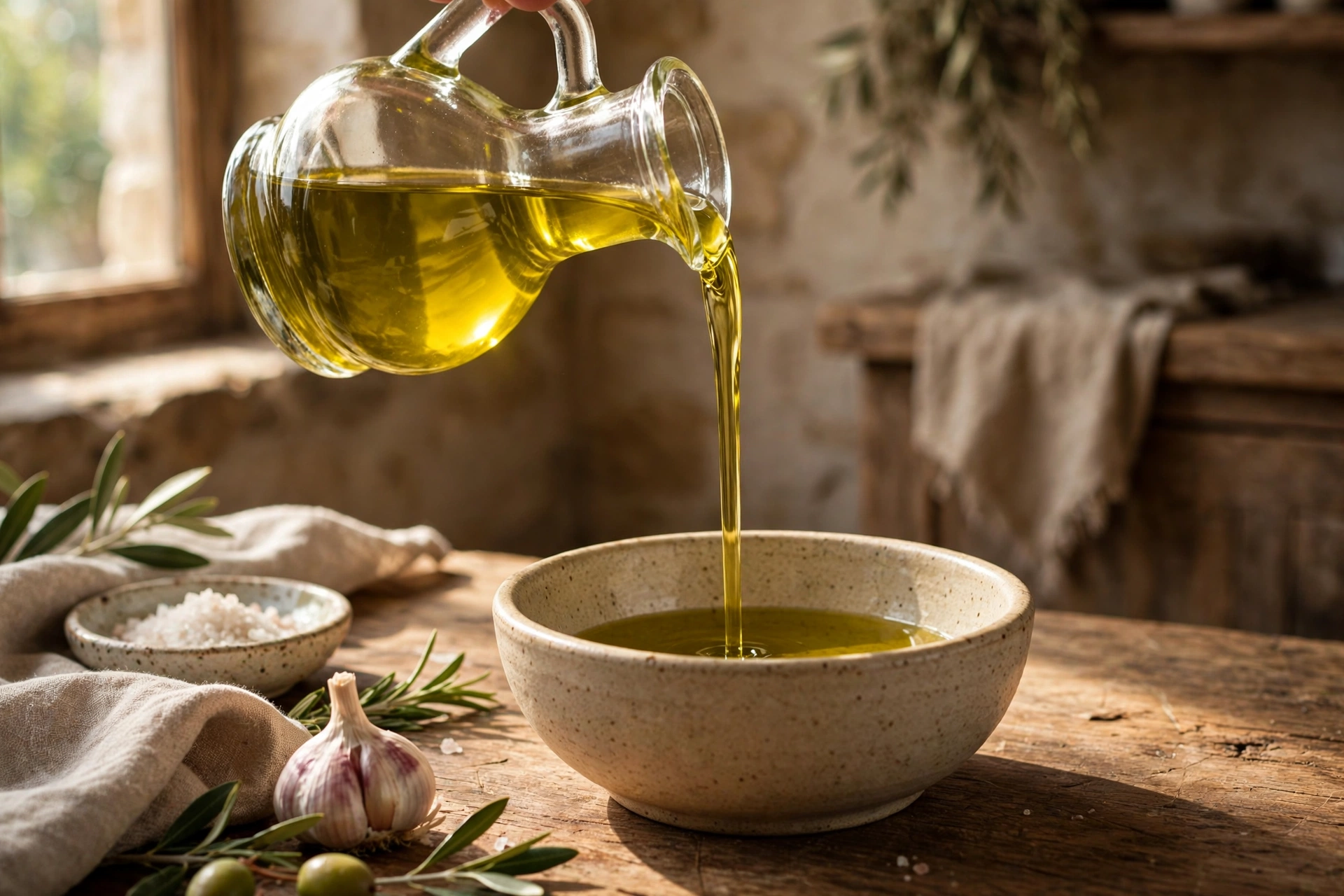 Golden olive oil being poured from a glass cruet into a ceramic bowl